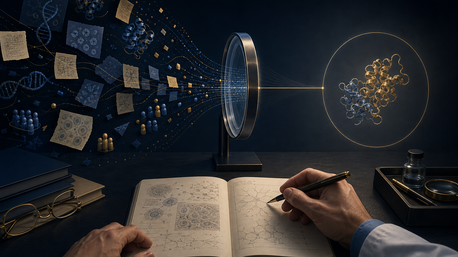 Sparse genomic and phenotype evidence converging through an analytical lens while a clinician reviews the result