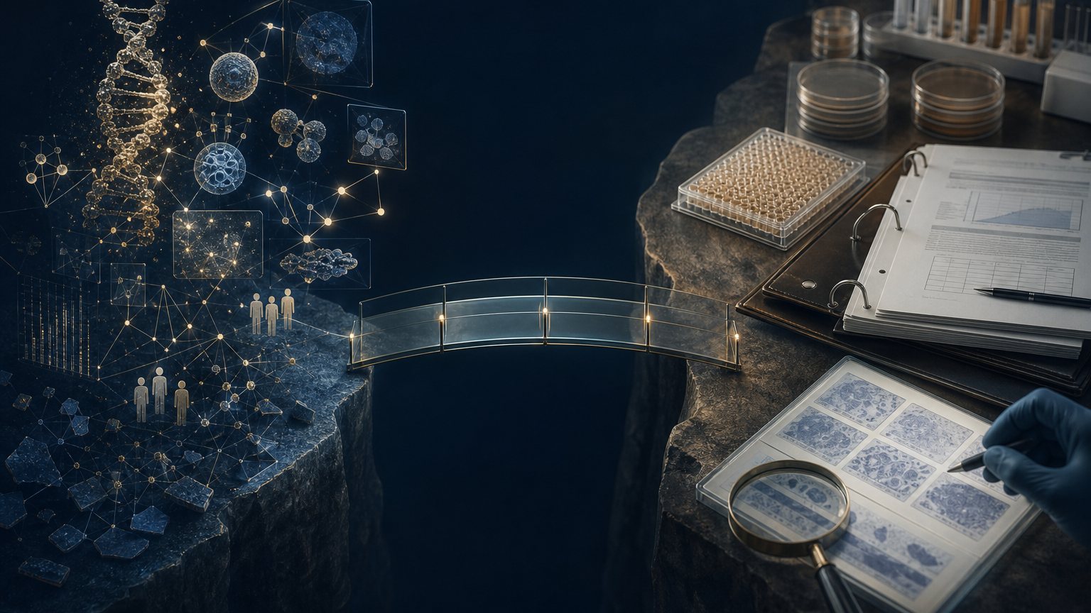 A sparse computational network connected by a narrow bridge to laboratory protocols, external samples, and clinician review