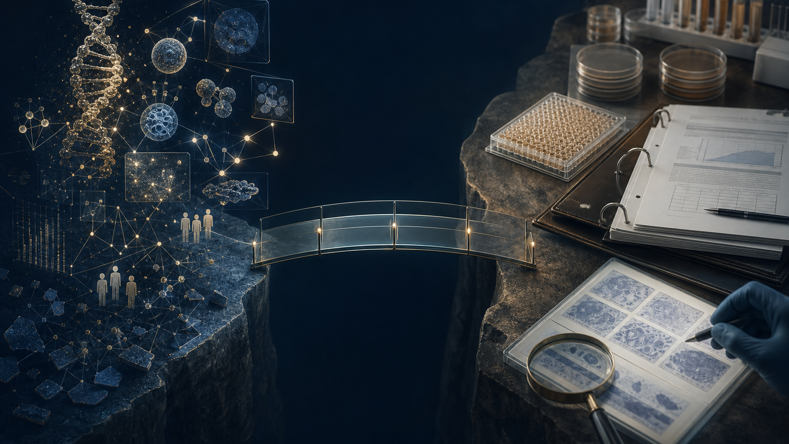 A sparse computational network connected by a narrow bridge to laboratory protocols, external samples, and clinician review